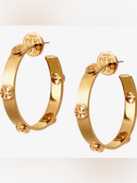 Tory Burch Jewelry - NWT [Tory Burch] Milgrain Gold Logo 3D Medium-Sized Designer Hoop Earrings